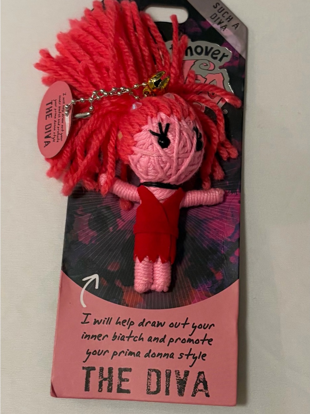 Watch over Voodoo Pink and Red Diva Yarn Doll Keychain